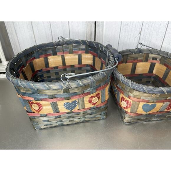 Vintage Heart Motif Wicker Basket With Handle Rustic Set Of 3 Nesting - Picture 2 of 9